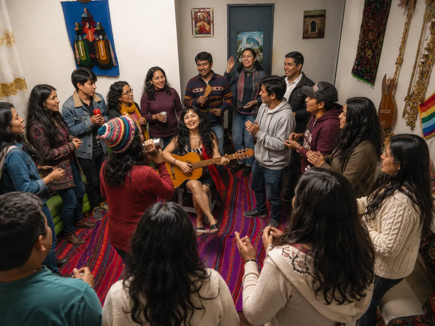 Grupo cantando en círculo con guitarra durante un encuentro de quechua